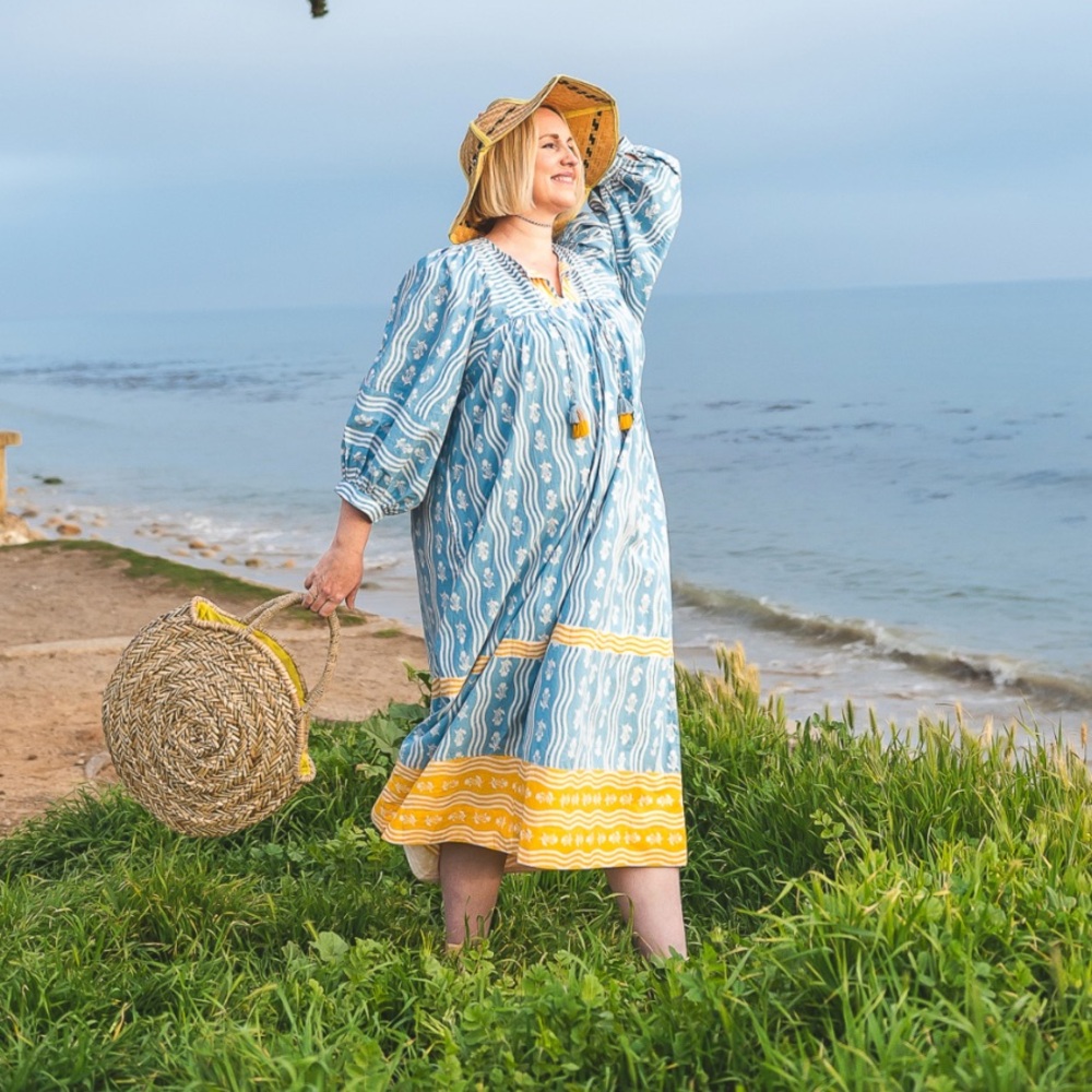 Printfresh Sky Blue and Mustard Long Sleeve Dress